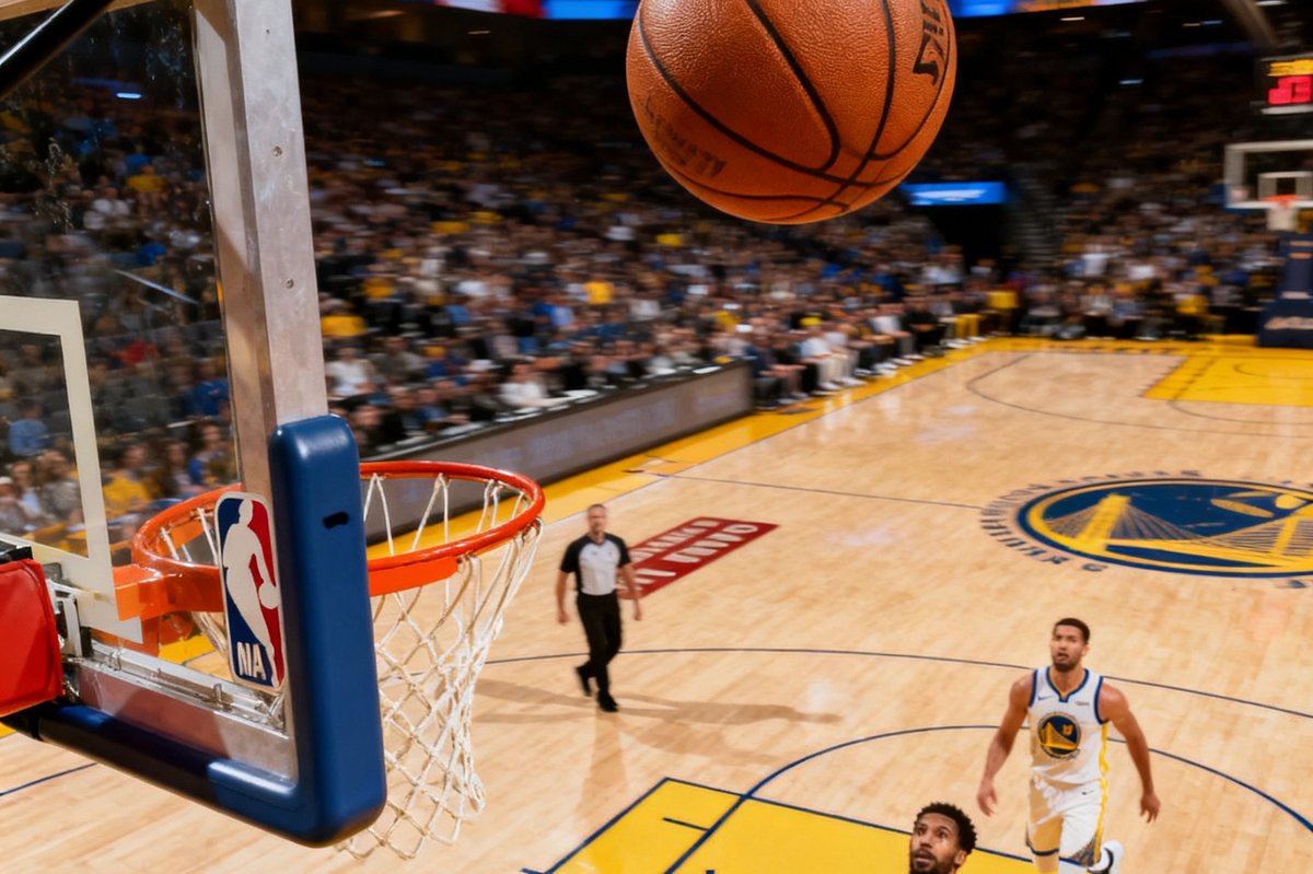 NBA赛场上球员在终场哨响前投出压哨三分，篮球在空中划出弧线